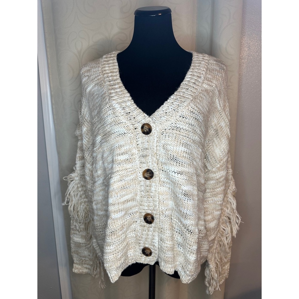 Jessica Simpson Aamina Fringe Cardigan Oatmeal Knit V-Neck Button Front Size L - Picture 5 of 7